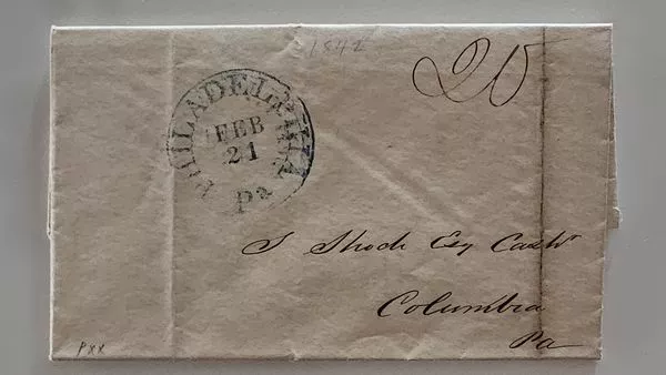1842 PHILADELPHIA PA to COLUMBIA PA Stampless Folded Letter Ref: Banking Corresp