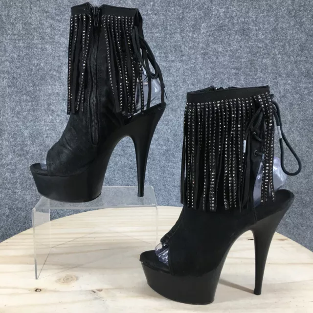 Pleaser Bootie Womens 8 Black Rhinestone Fringe Open Heel Toe Suede Stiletto