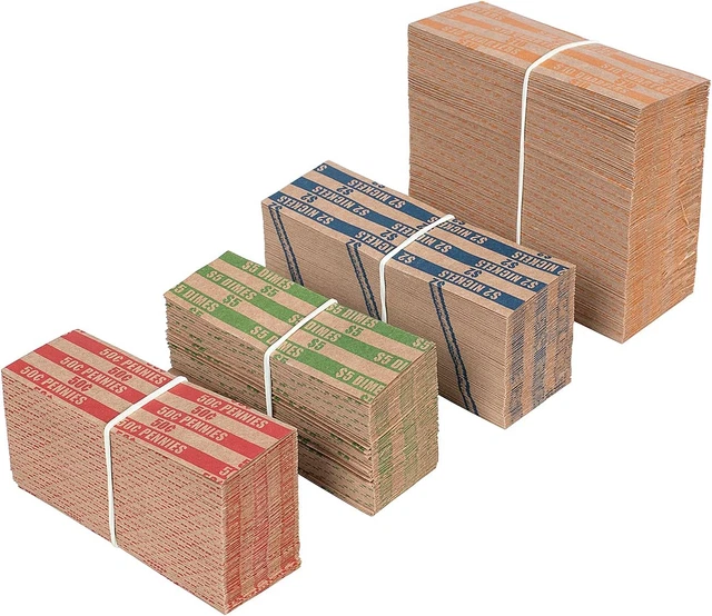 Coin Wrappers Assorted 500 Flat Stripped Coin Roll Wrappers for All Coins Inc...