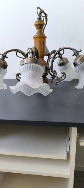 Plafonnier Lustre Art Déco Tulipe En Verre Givré à Facettes Surlignées Dorées