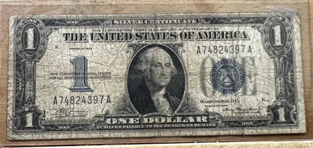 1934  One Dollar Silver Certificate Funny Back Note US $1 Bill