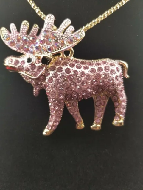 Lovely Betsey Johnson Pink Crystal Rhinestone Inlay Moose Pendant Necklace
