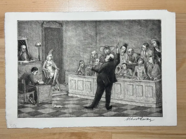 Albert Sway 1940's NYC court room trial scene lawyer etching print artwork
