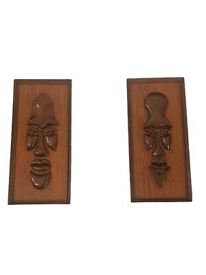 Mid Century Modern  Wood Wall Art African Tiki Sculpture Carved Faces