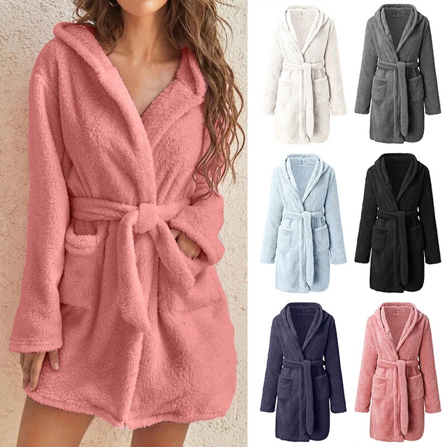 Peignoir De Bain Long Pour Femme En Tissu éponge - Avec Capuche Et Ceinture, Couleurs Unies, Confortable