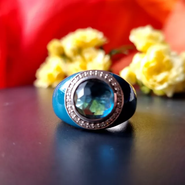 Bague Ti Sento Milano Argent Rhodié Émaillé Bleu-Vert Zircons Taille 58 Signée