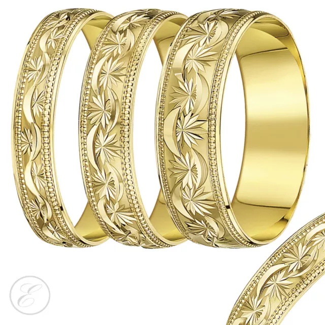 4-8 mm 9 Karat Gelbgold leicht diamantgeschliffen Stern & Mond D-Form Hochzeitsband