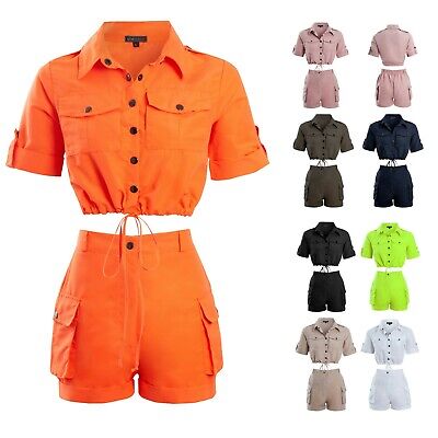 Shelikes Womens Cargo Crop Top Shorts Co ord Festival Tie Front Pocket Set
