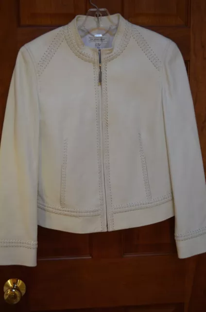 St. John Sport Ivory Leather Full Zip Braided Detail Long Sleeve Jacket Size S