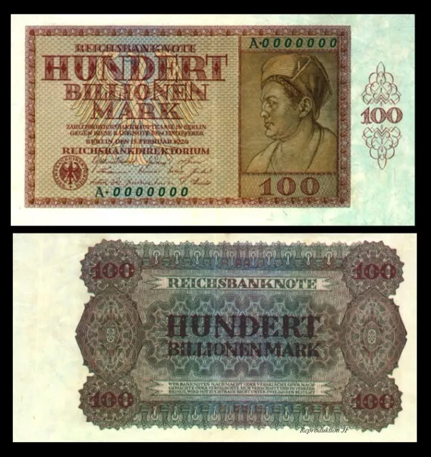 Reichsbanknote, 100 Billionen Mark, Hundert Billionen Mark, 1924, Reproduktion