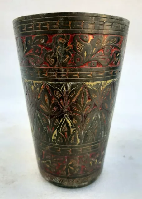 Antique 1900's Old Indian Hand Carved Brass Meena Work Milk Water Glass Tumbler