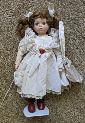 Antique Porcelain Doll Brown Hair Blue Eyes Girl Red and White Dress 16 Inch
