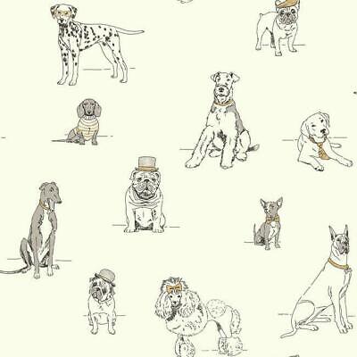 Wallpaper Dogs Life Cute Black Line Drawings, Grey, Gold Ink, On Eggshell White
