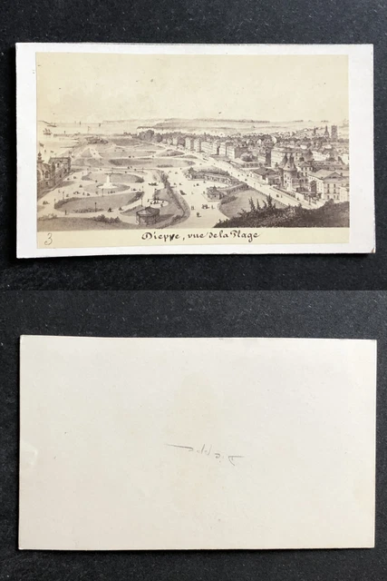 France, Dieppe, vue de la plage, d&#039;après un dessin, circa 1870 vintage cdv