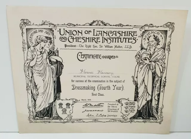 1916 Dressmaking Y4 certificate Technical school Colne Florence Flannery