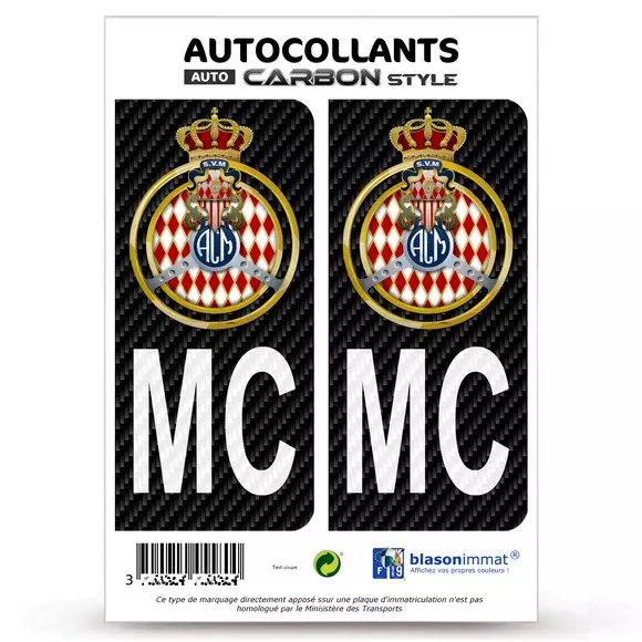 2 Stickers plaque immatriculation : MC Automobile Club de Monaco - Carbone-Style