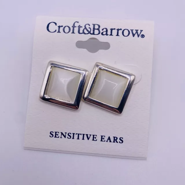 Croft & Barrow White Silvertone Square Stud Earrings New