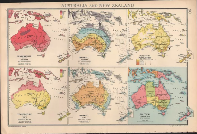 1936 Map ~ Australia & New Zealand Temperature Rainfall Population Political Div