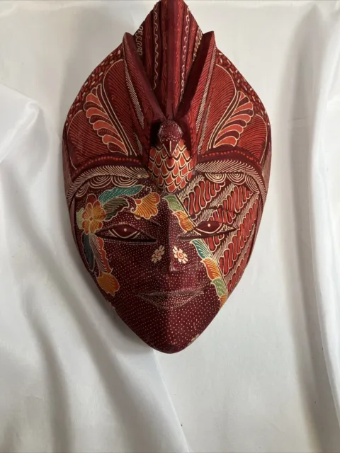 Java Batik Wood Mask Red  Hand Carved Painted Wall Art Decor Ornament