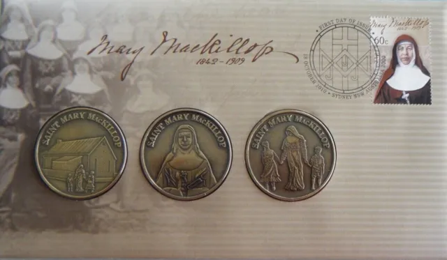 Australia 2010 Saint Mary MacKillop 3 Medallions & Stamp & Cover