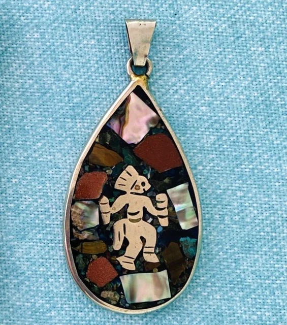 Taxco Mexico Aztec Mayan Calendar Vintage  Silver Pendant with Inlay Stones