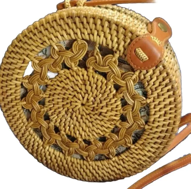 Handwoven Round Rattan Wicker Straw Shoulder Bag Crossbody Purse Boho Natural
