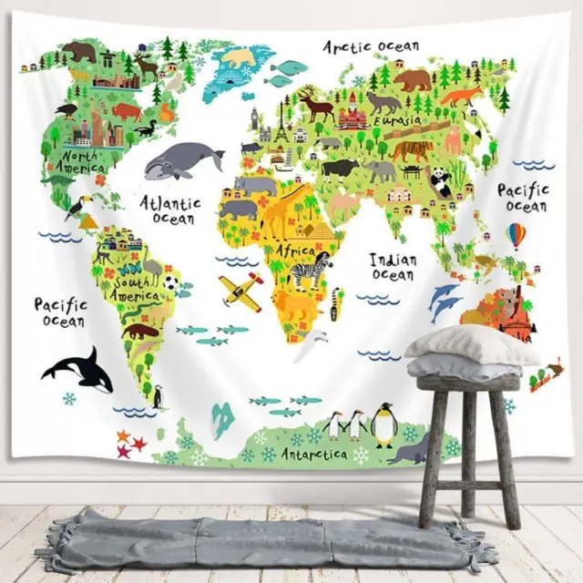 Children's World Map Wall Art Extra Large Tapestry Wall Hanging Kid Room Decor