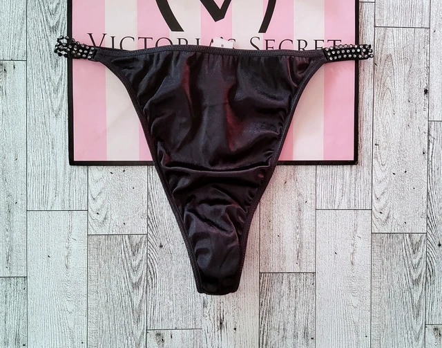 NWT VICTORIA'S SECRET Black Second Skin Satin Rhinestones Vintage Thong