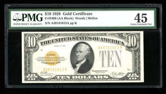 DBR 1928 $10 Gold Certificate Fr. 2400 PMG 45 Serial A48181613A