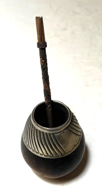 Antique Argentina Yerba Mate Gourd Bombilla Cup & 18K Gold Tipped Straw
