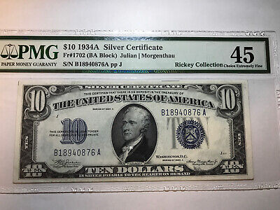 1934-A $10 Silver Certificate Fr. 1702 PMG 45 Serial B18940876A - Low PMG pop!!!