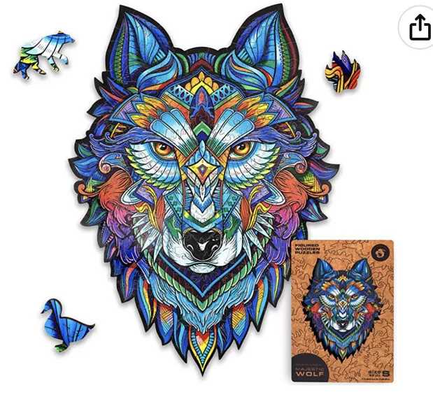 UNIDRAGON Wooden Jigsaw Puzzles - Majestic Wolf, 99 pcs, Small 6.7" х9.5