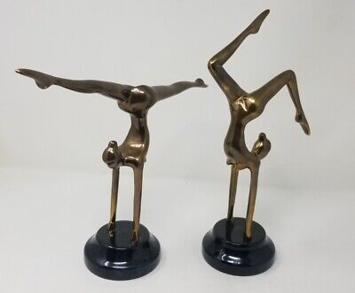 2 Vtg Mid Century Brass Gymnast Art Sculptures Figurines Marble Base
