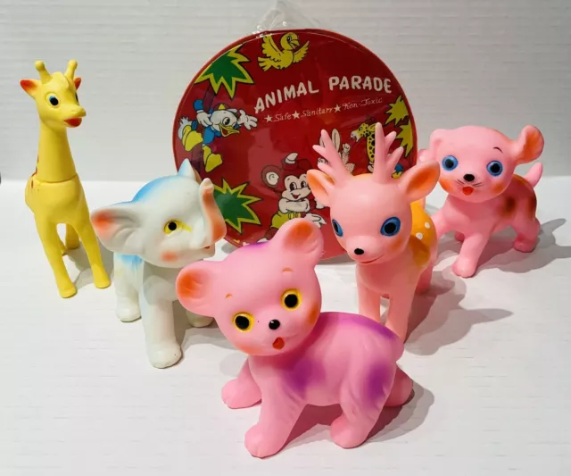 Vintage Set of 6 Rubber Animal Squeaky Toys with Bag 50's/60's Japan