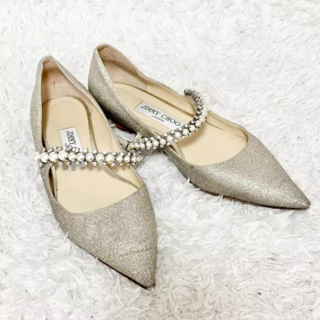 JIMMY CHOO FLAT Shoes Baily Pearl Strap Glitter Size 37 US About7 For ...