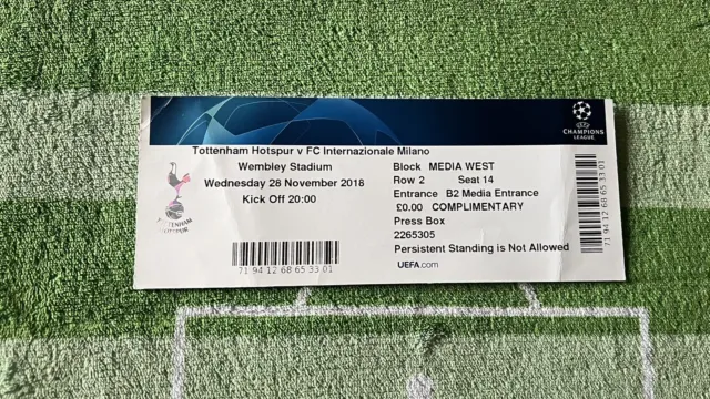 Tottenham Hotspur v inter Milan Champions League 2018 used ticket stub PRESS BOX