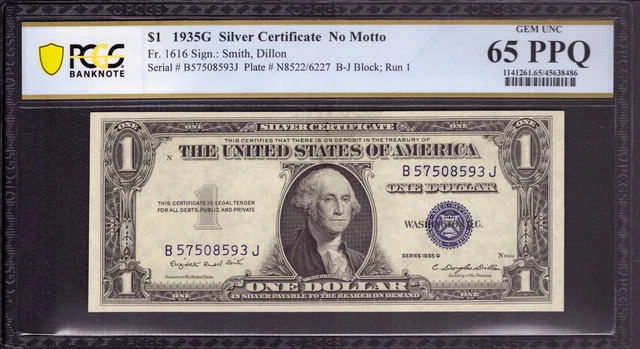 1935 G $1 Silver Certificate No Motto Note Fr 1616 Bj Block Pcgs B Gem 65 Ppq
