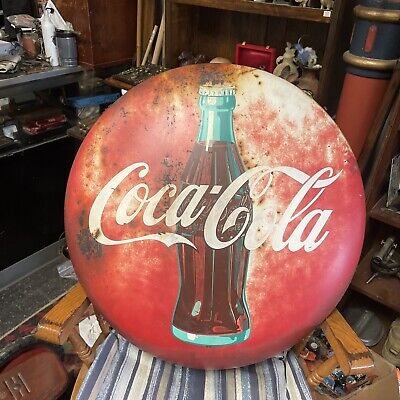 Original 1950s Coca Cola COKE 24” Button Sign Bottle Enamel w Mounting Brackets