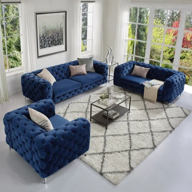 Rocky Chesterfield Sofa Set in Luxury Navy Blue Velvet