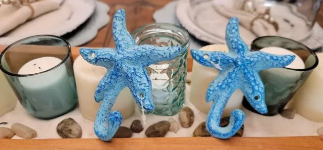 Set of 2 Iron Starfish Hook Coat Hooks Hat Nautical Decor Blue