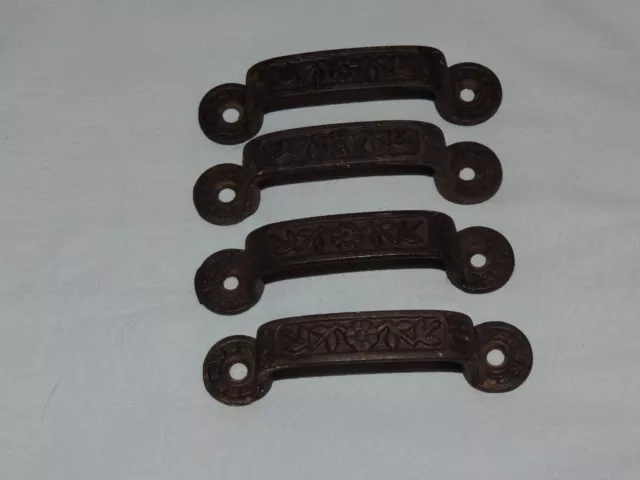 Set of 4 Antique Victorian Cast Iron Bin Drawer Pull Handle Floral Leaf Pattern