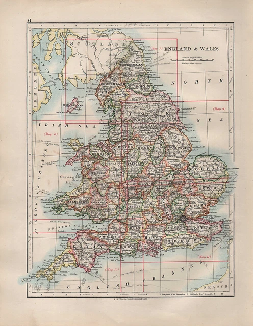 1904 Antique Map ~ England & Wales Key Map Norfolk Durham Devon Cardigan Sussex