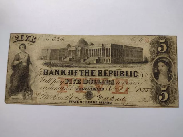 USA 5 Dollars US Bank of the Republic Rhode Island 1855 sehr schön 