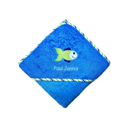Serviette avec Capuche Avec Noms Et Poisson Brodé, Beau Cadeau pour la Naissance