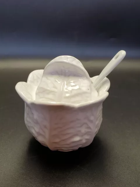 Vtg Portugal Majolica Pottery White Cabbage Sugar Bowl w/ Lid and Spoon