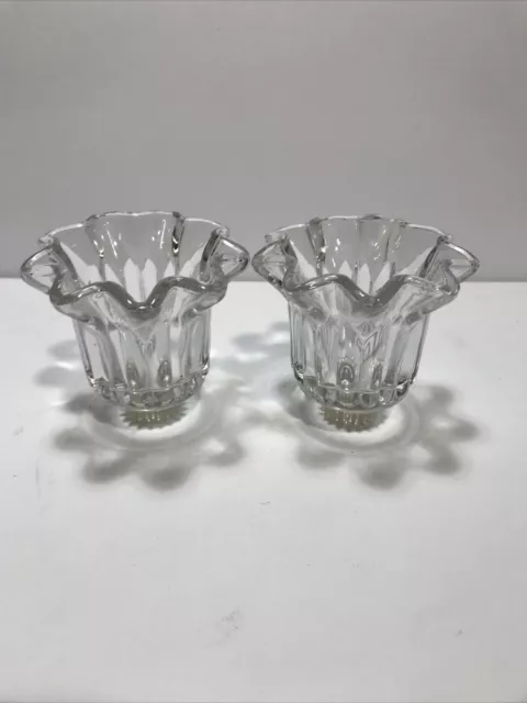 Vintage Votive Clear Glass Ribbed With Ruffled Top  Peg Candleholders Pair 3”