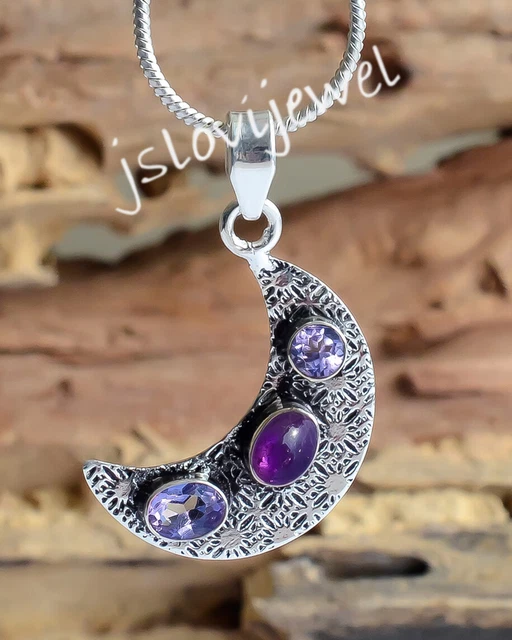 Amethyst Cut, Amethyst Gemstone Moon Pendant 925 Sterling Silver Jewelry/R-1155