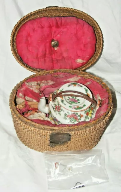 Antique Chinese Teapot Famille Rose Wicker Basket Metal Handle Porcelain