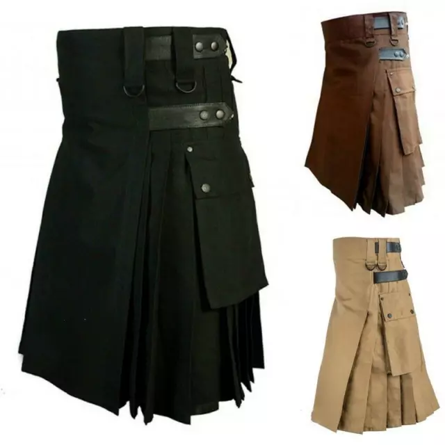 Leather Kilt Cargo Scottish-Dress Men Vintage Gothic Steampunk Patchwork Pocket