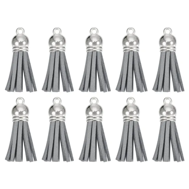 20Pcs 1.5" Leather Tassels Keychain Charm with Silver Cap for DIY, Grey